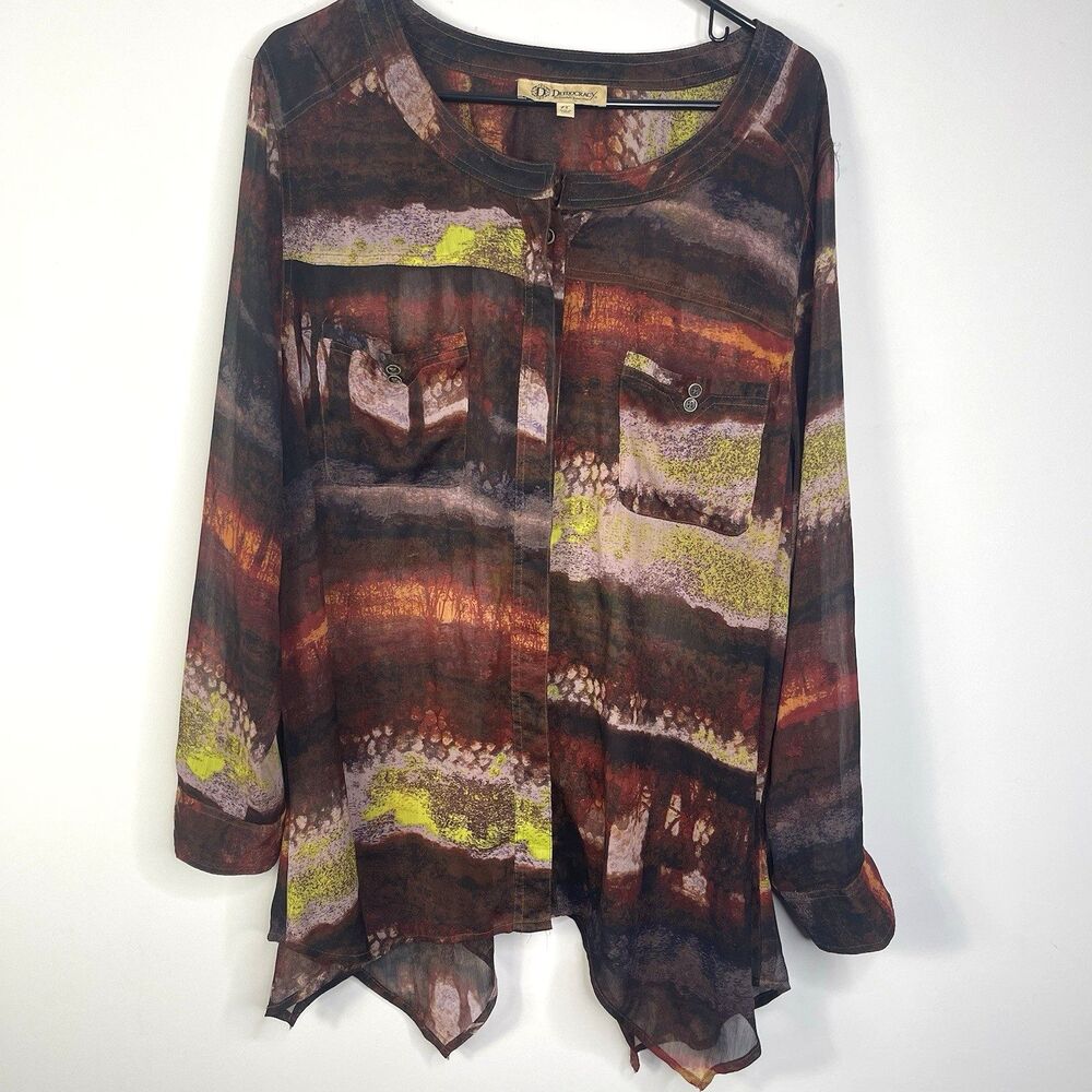 Democracy Lamia Buttondown Top Size 1X Lagenlook Lightweight Boho Patchwork